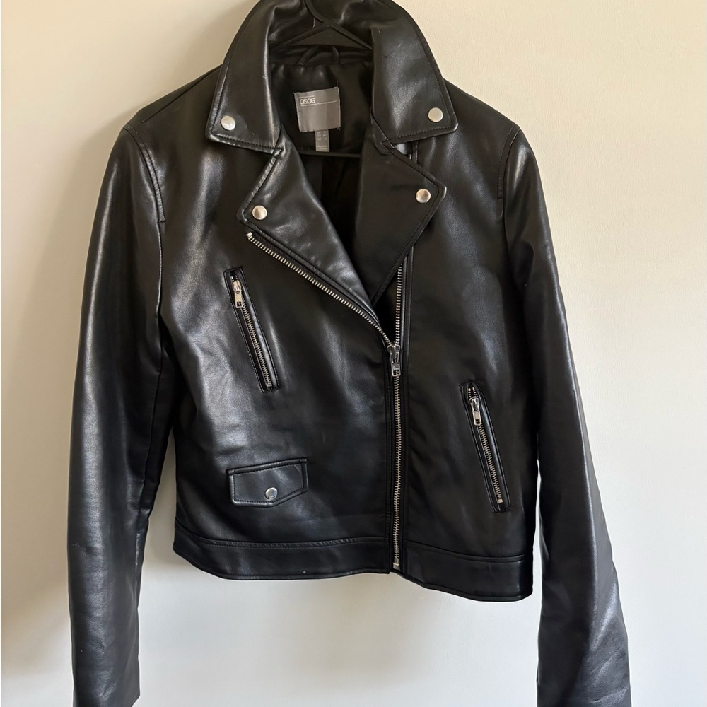ASOS Black Faux Leather Moto Jacket with Silver Hardware